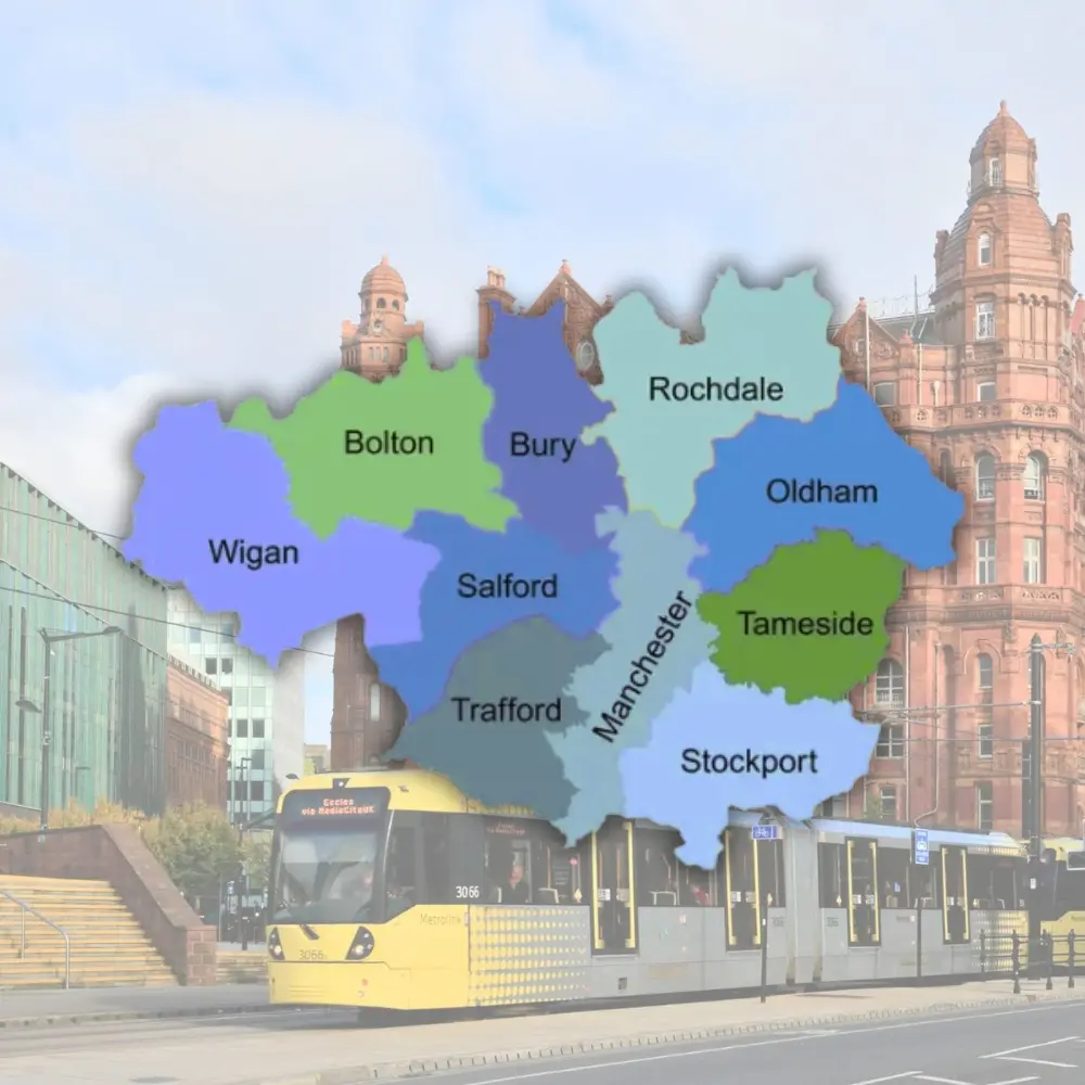 A map of Greater Manchester showing all boroughs, overlaid on an image of Manchester’s streets with an electric tram passing through