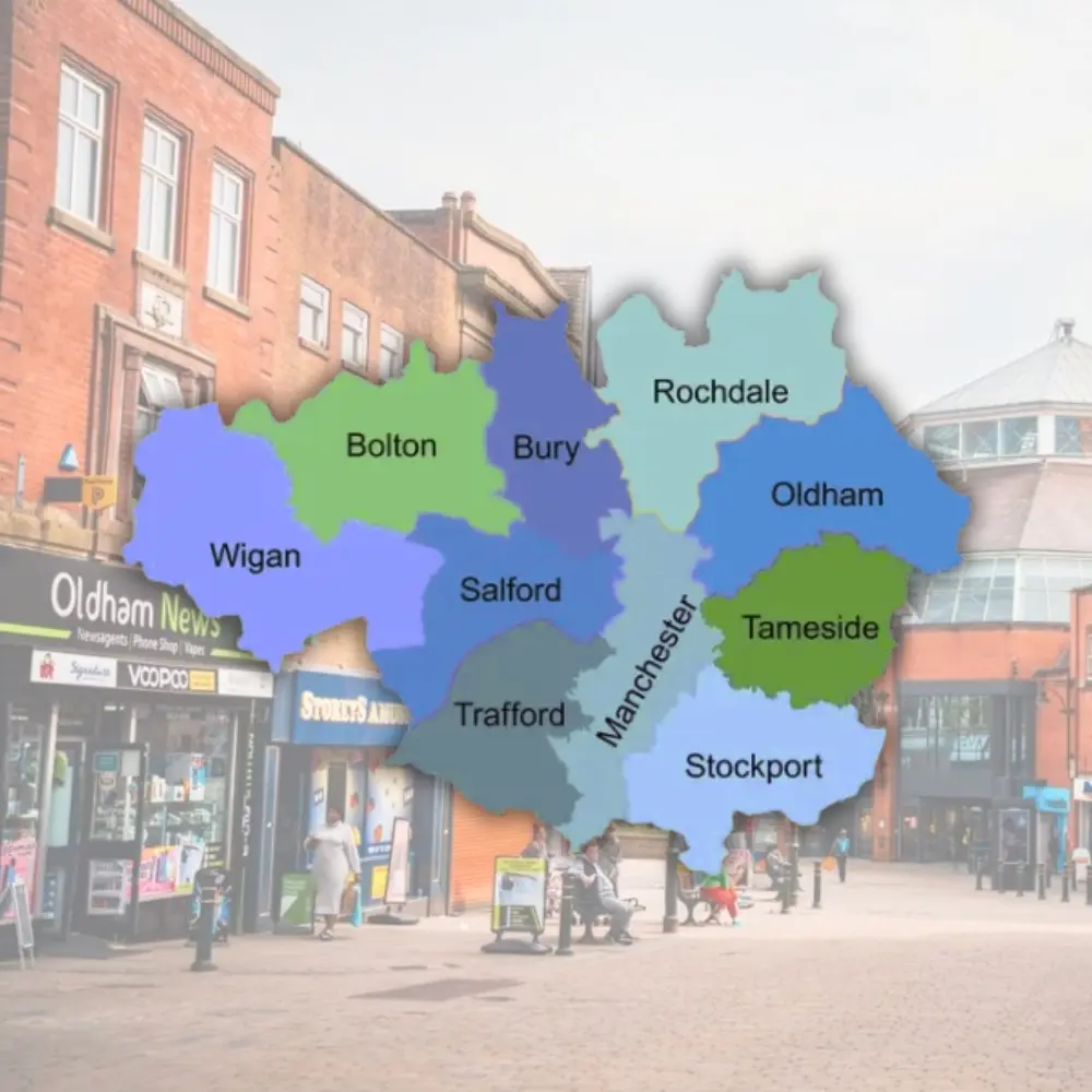 A map of Greater Manchester showing all boroughs, overlaid on a street photograph of Oldham.