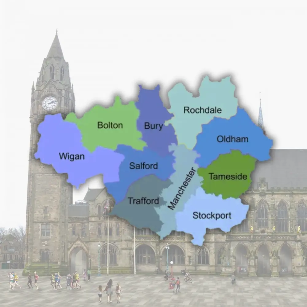 A map of Greater Manchester showing all boroughs, overlaid on an aerial photograph of Rochdale.