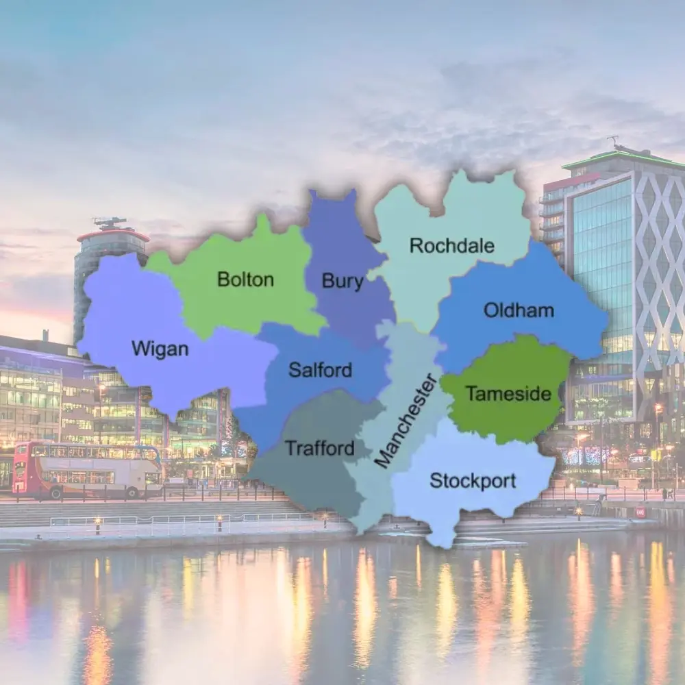 A map of Greater Manchester displaying all boroughs, set against a landscape photograph of Salford.
