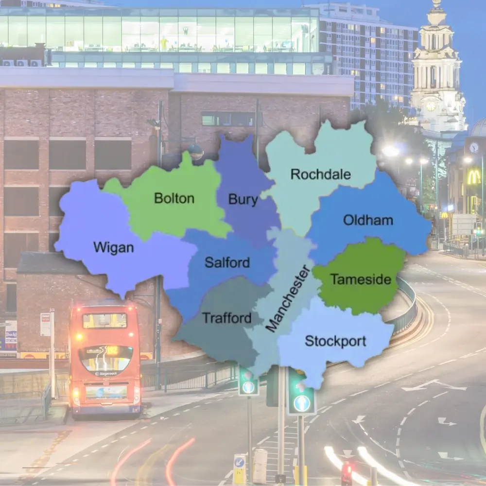 A map of Greater Manchester showing all boroughs, overlaid on an image of the streets of Stockport.