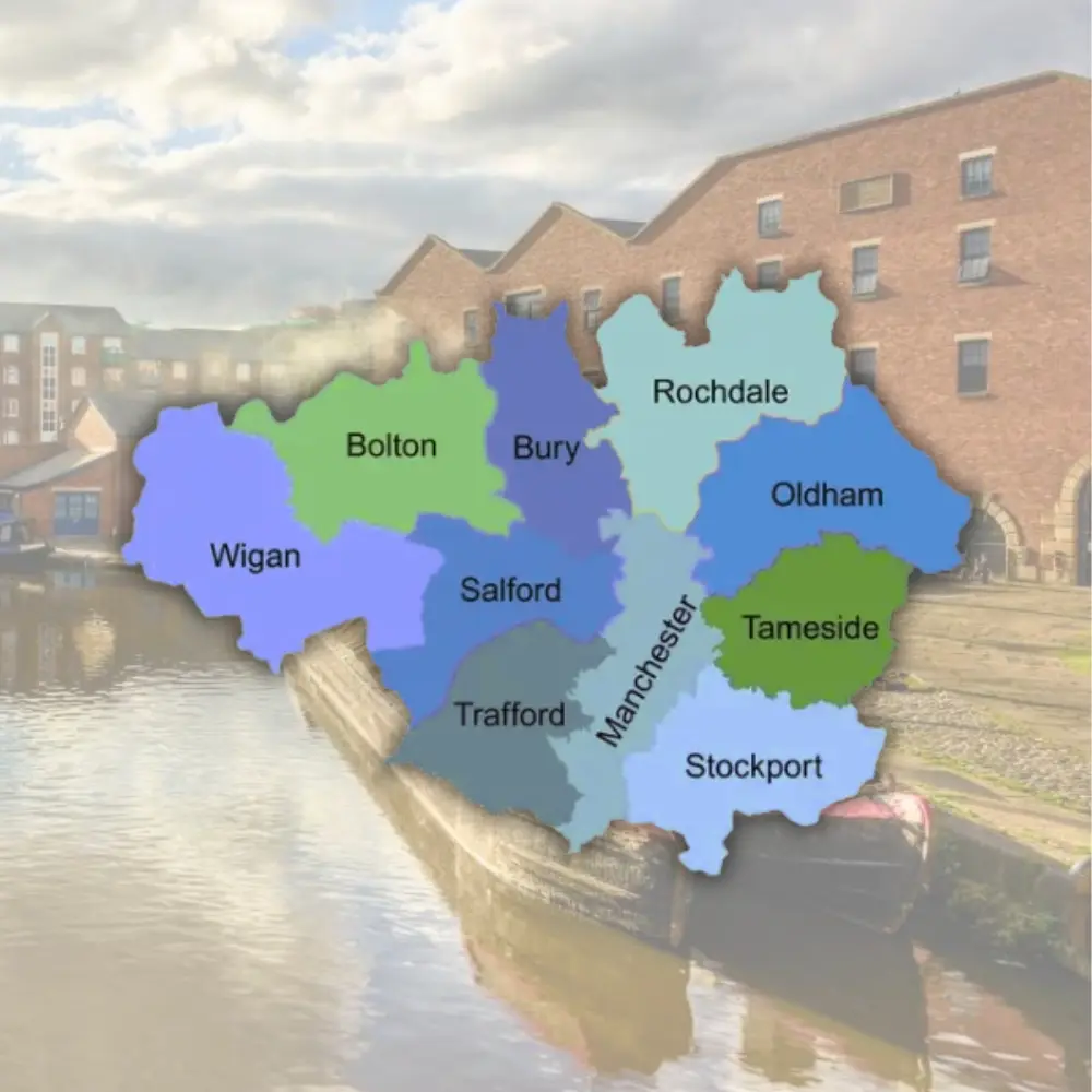 A map of Greater Manchester showing all boroughs, overlaid on a landscape photograph of Tameside.