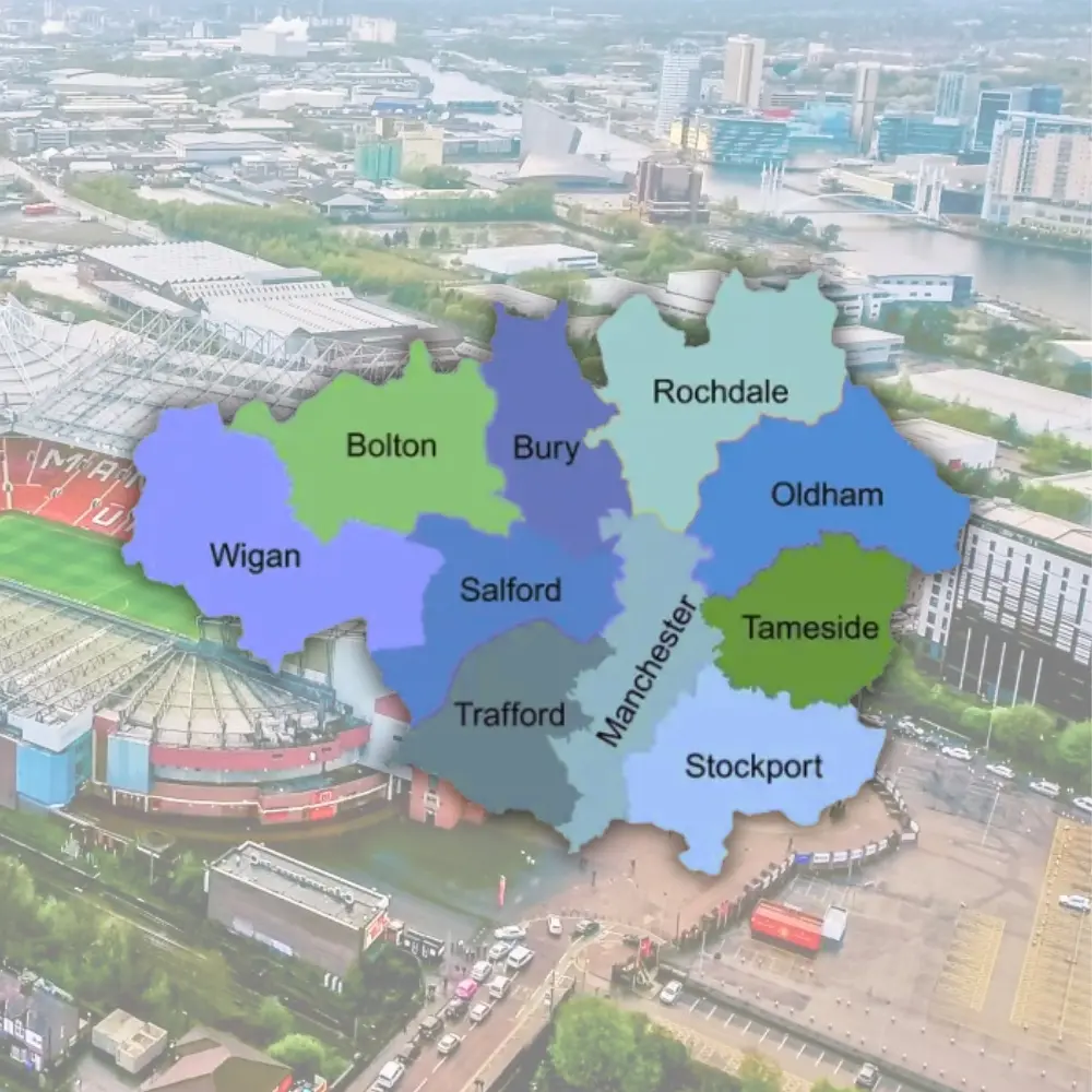 A map of Greater Manchester showing all boroughs, overlaid on an aerial photograph of Trafford.