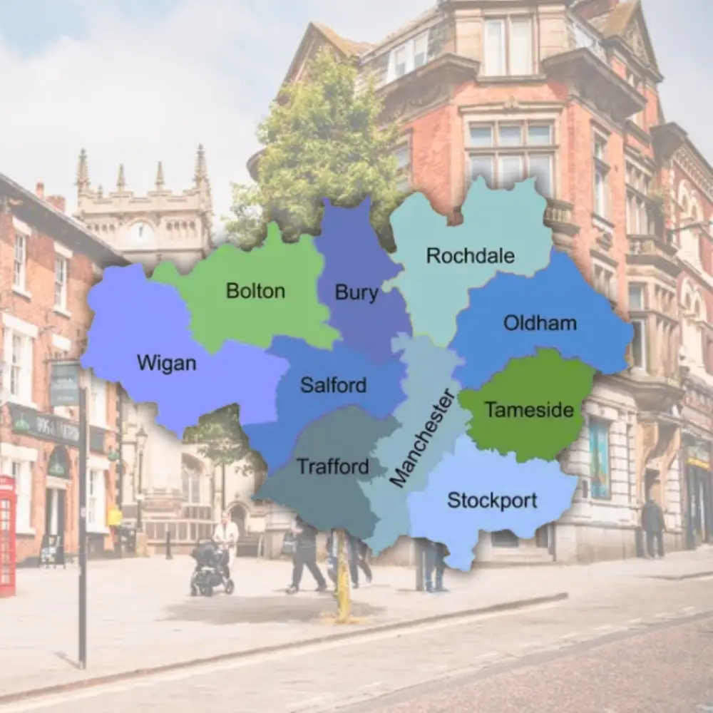A map of Greater Manchester displaying all boroughs, set against a landscape photograph of Wigan.