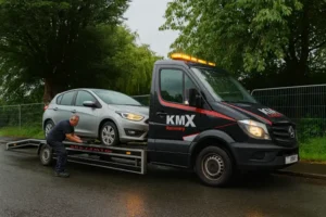acar being recovered on the kmx recovery truck