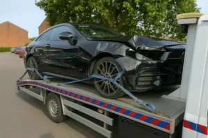 a car that went through an accident on the recovery truck