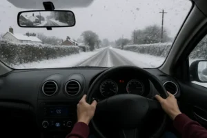 someone driving a car in snow which you can see from the wind shield