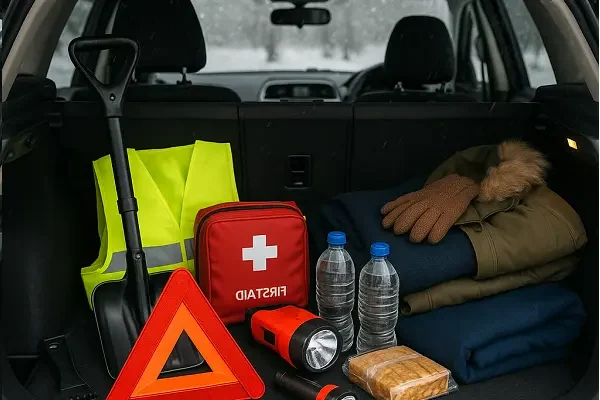 A car boot with emergency supplies for winter
