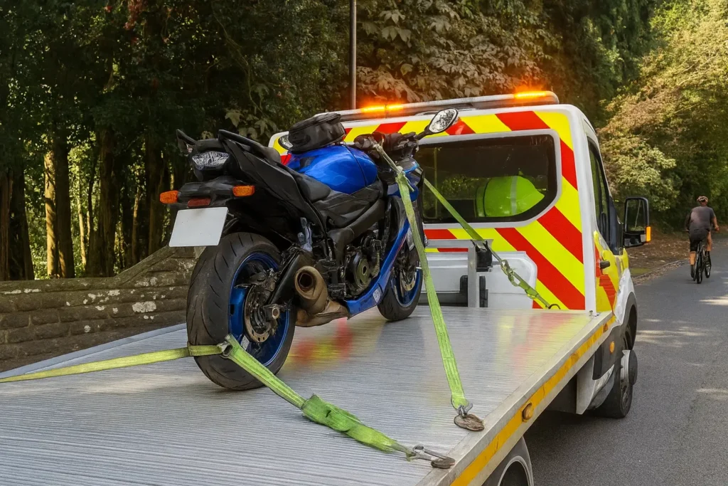 a motorbike recovered on a recovery truck