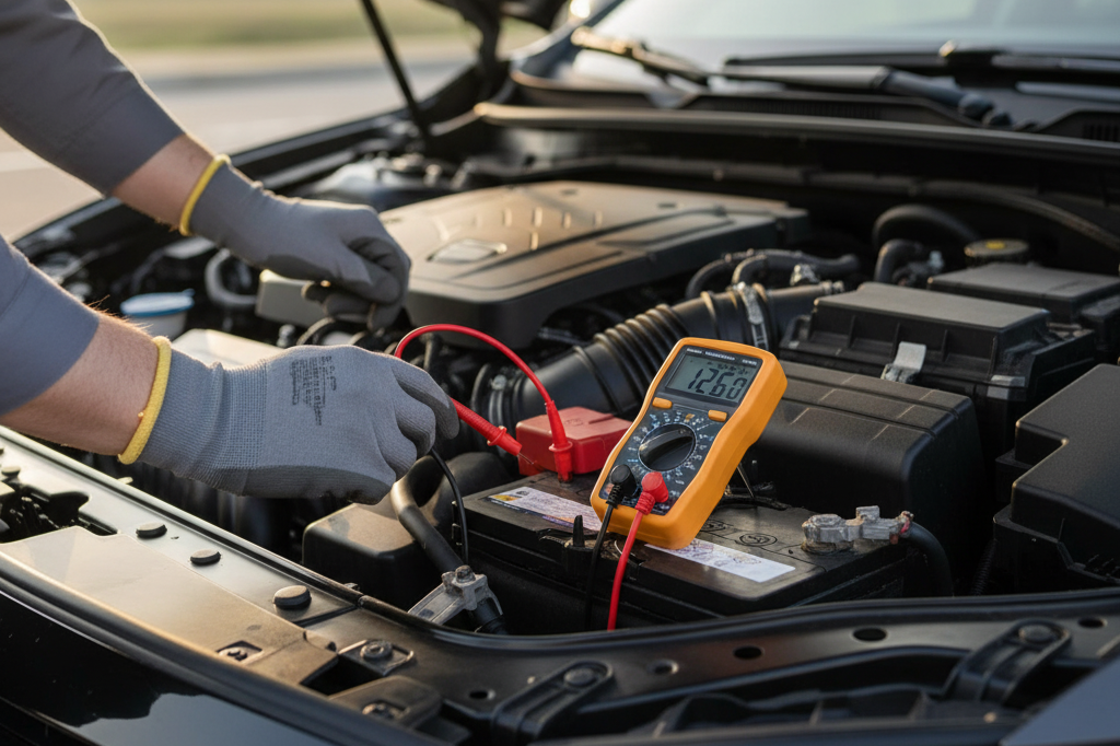 A person wearing gloves uses a yellow digital multimeter to test a car battery, with the red and black probes connected to the battery terminals. The car's bonnet is open, revealing parts of the engine.
