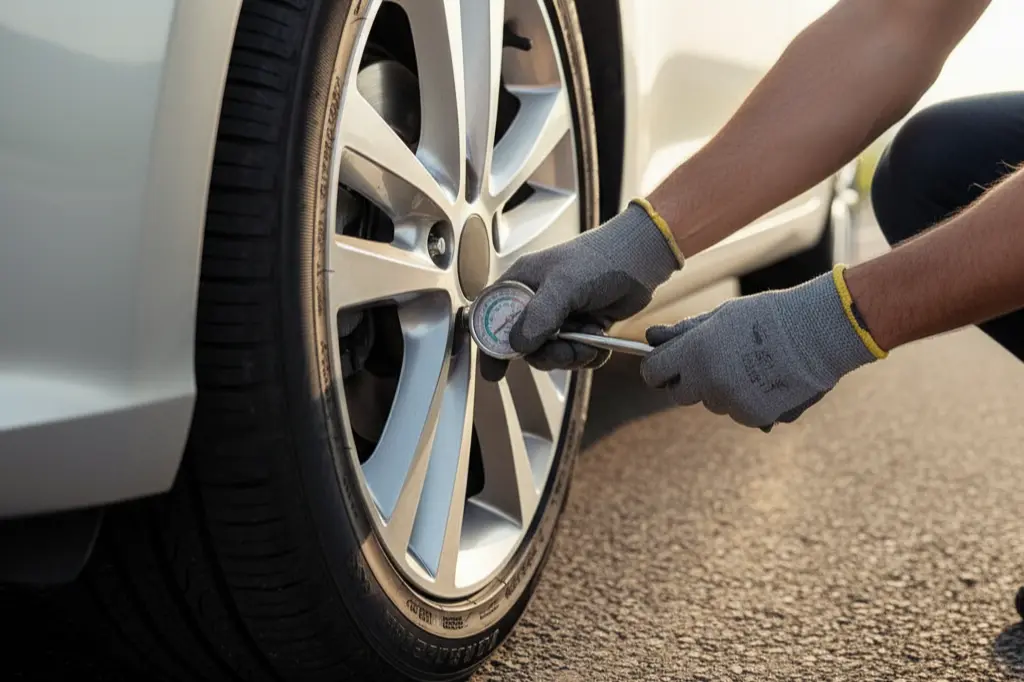 A close-up shot of a person's hands in gloves using a manual pressure gauge to check the air in a car tire.
