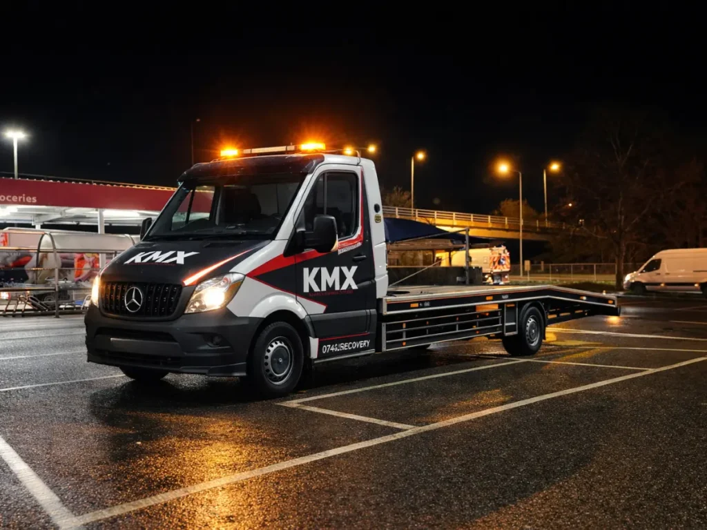 KMX recovery truck arriving at a city centre breakdown with hazard lights on, showing fast response vehicle recovery service in a high traffic urban area