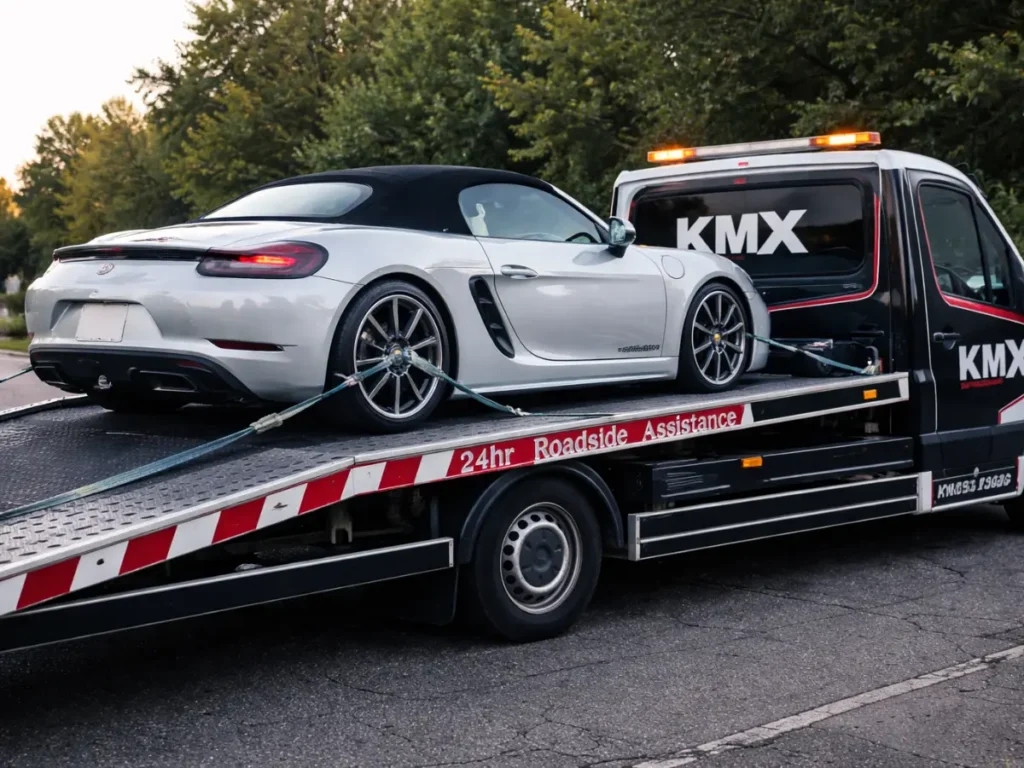 Lowered sports car securely strapped on a KMX vehicle recovery truck flatbed, showing safe transport without damage