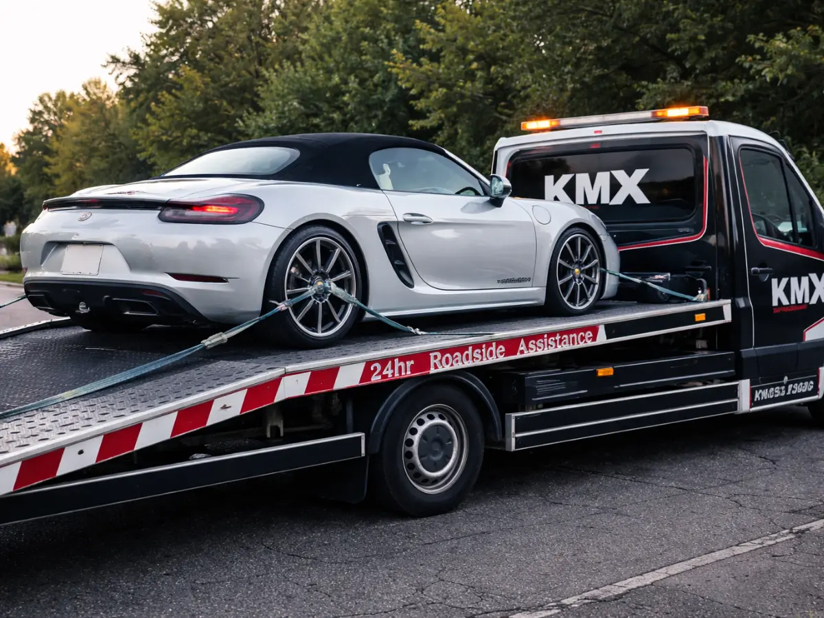 Lowered sports car securely strapped on a KMX vehicle recovery truck flatbed, showing safe transport without damage