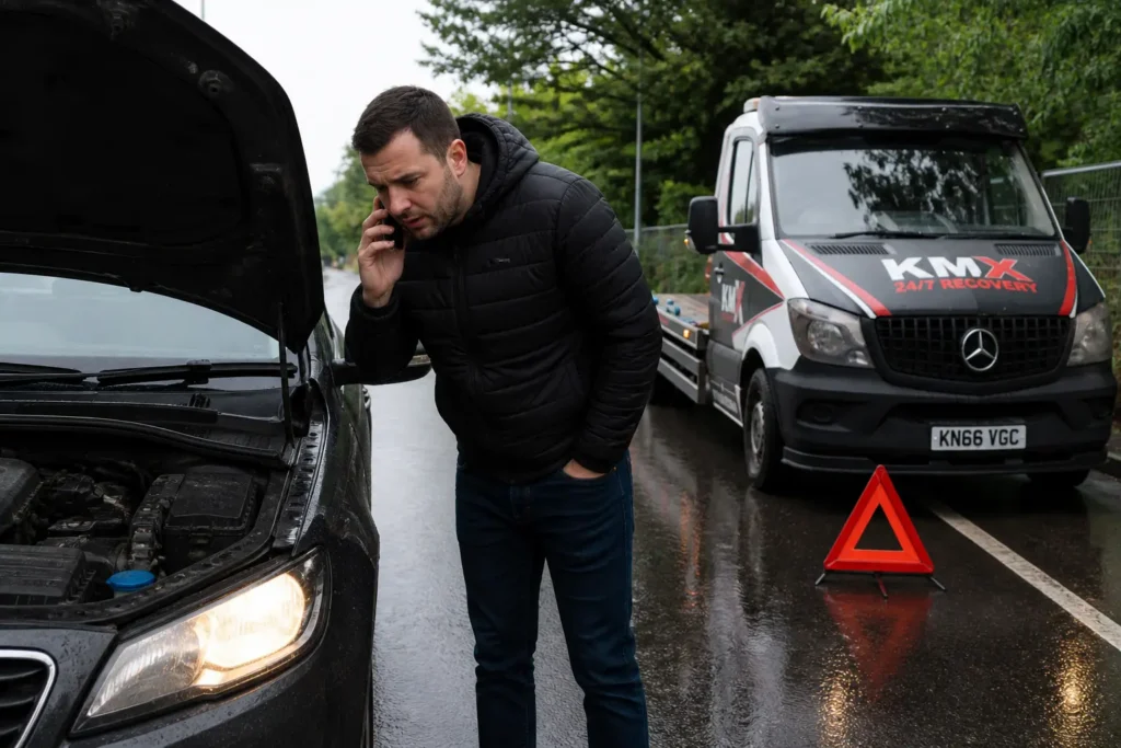 Driver calling for help beside broken down car with bonnet open and KMX recovery truck parked behind on wet roadside
