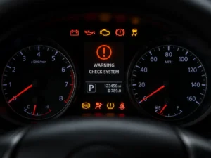 Car dashboard warning lights showing check engine, oil, battery, ABS and system warning alert on display
