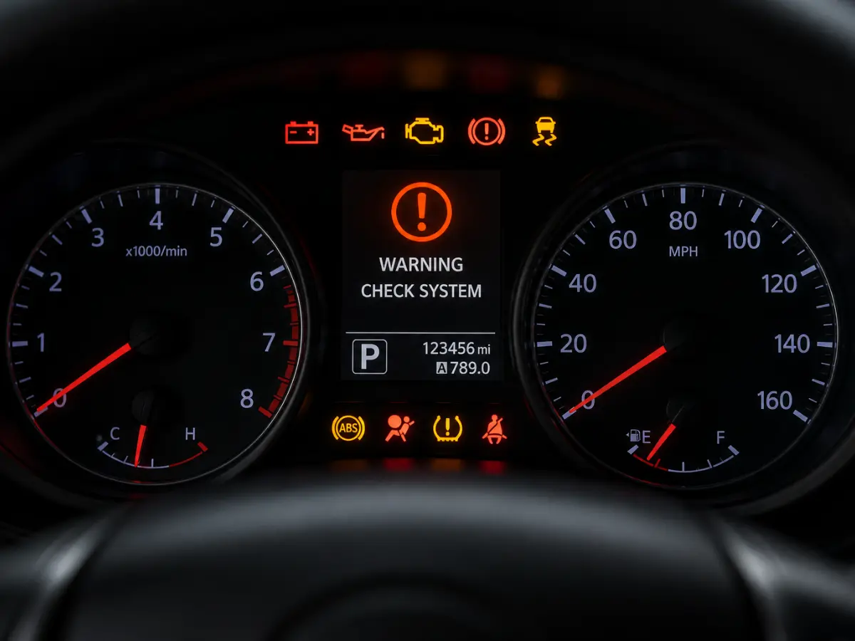Car dashboard warning lights showing check engine, oil, battery, ABS and system warning alert on display