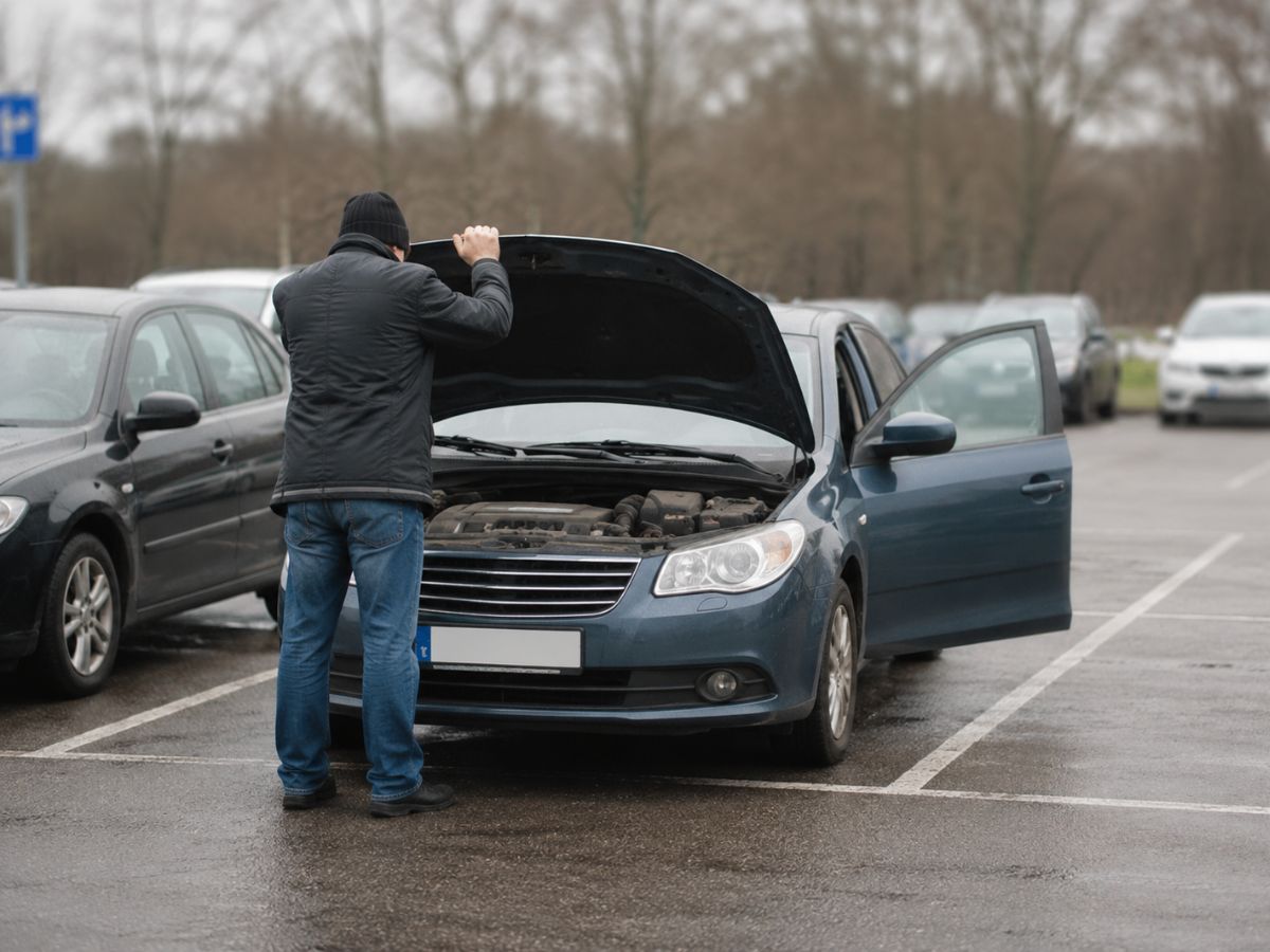 Driver inspecting a blue car with the bonnet open in a wet car park after experiencing car starting problems.