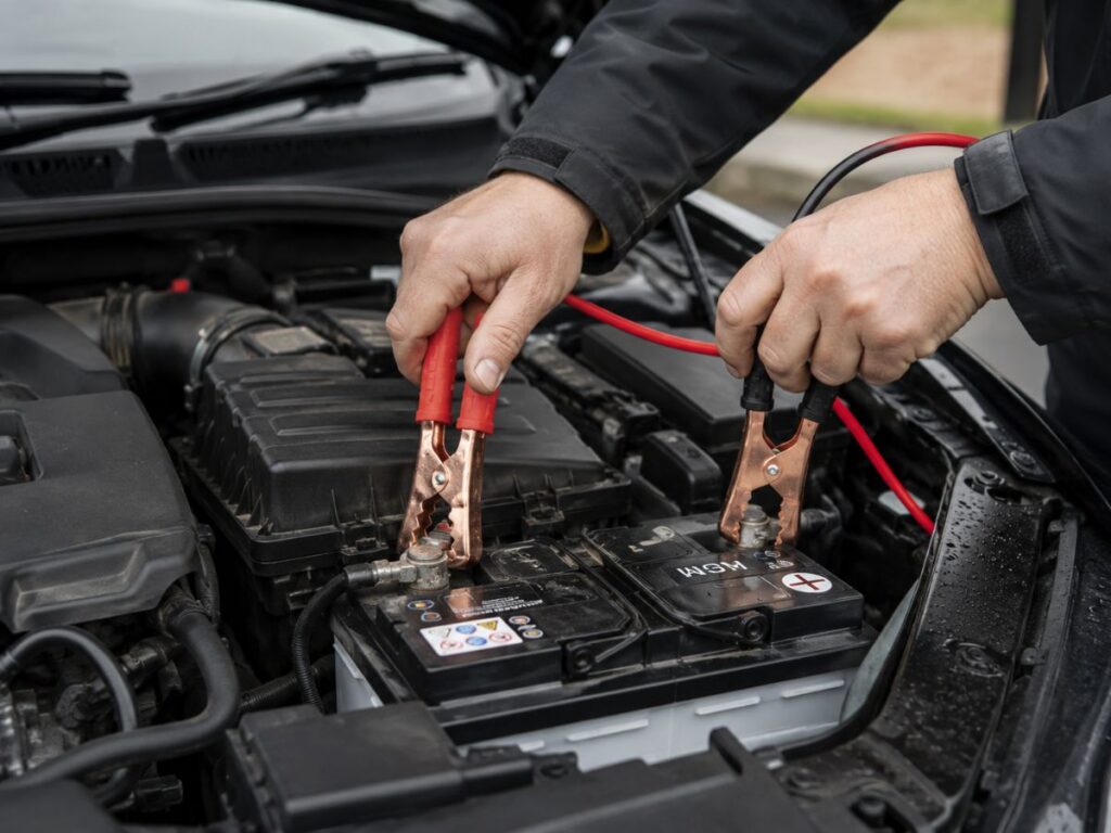 Close up of a person connecting jump leads to a car battery to jump start a vehicle with a flat battery.