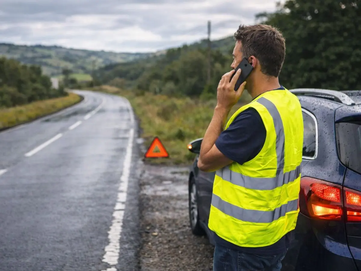 man in high visibility vest calling for breakdown recovery next to car on roadside with warning triangle