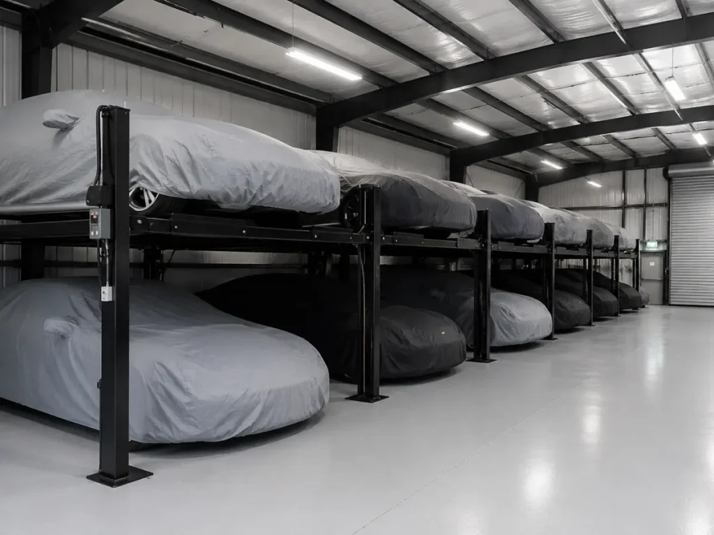 Vehicles covered and stored inside a secure professional vehicle storage facility with multi tier parking systems and protected indoor storage space.