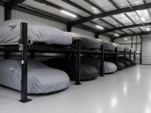 Vehicles covered and stored inside a secure professional vehicle storage facility with multi tier parking systems and protected indoor storage space.