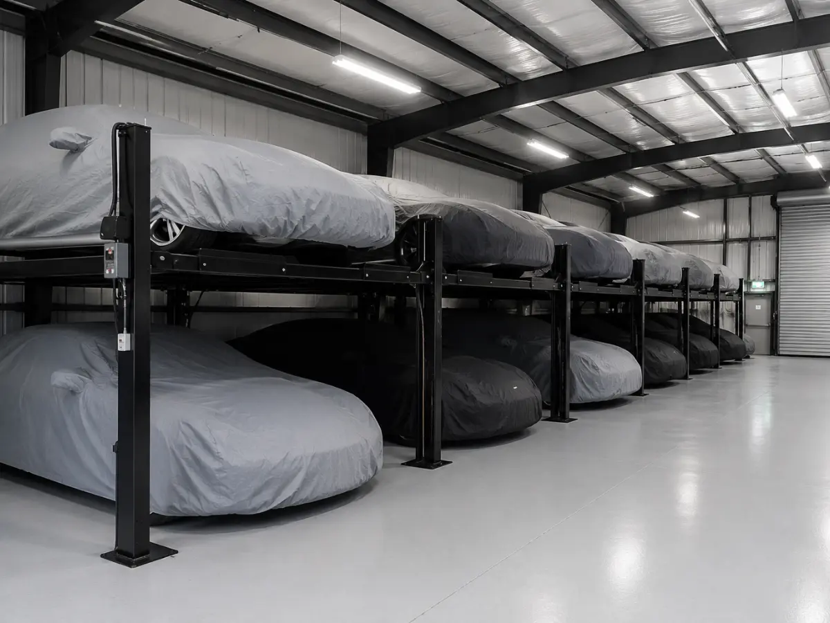 Vehicles covered and stored inside a secure professional vehicle storage facility with multi tier parking systems and protected indoor storage space.
