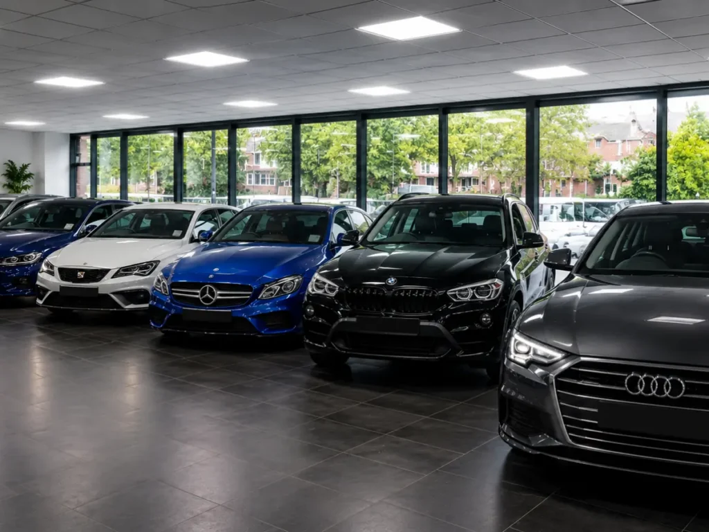 Modern car dealership showroom displaying a range of vehicles ready for sale, representing stock management and vehicle transportation for car dealers in Manchester.