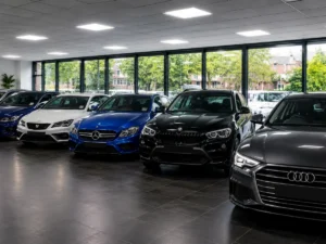 Modern car dealership showroom displaying a range of vehicles ready for sale, representing stock management and vehicle transportation for car dealers in Manchester.
