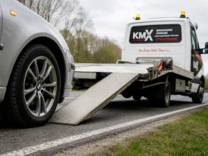Silver BMW vehicle positioned at the base of a loading ramp while a KMX Recovery flatbed truck prepares for safe vehicle transport and collection on a roadside location.
