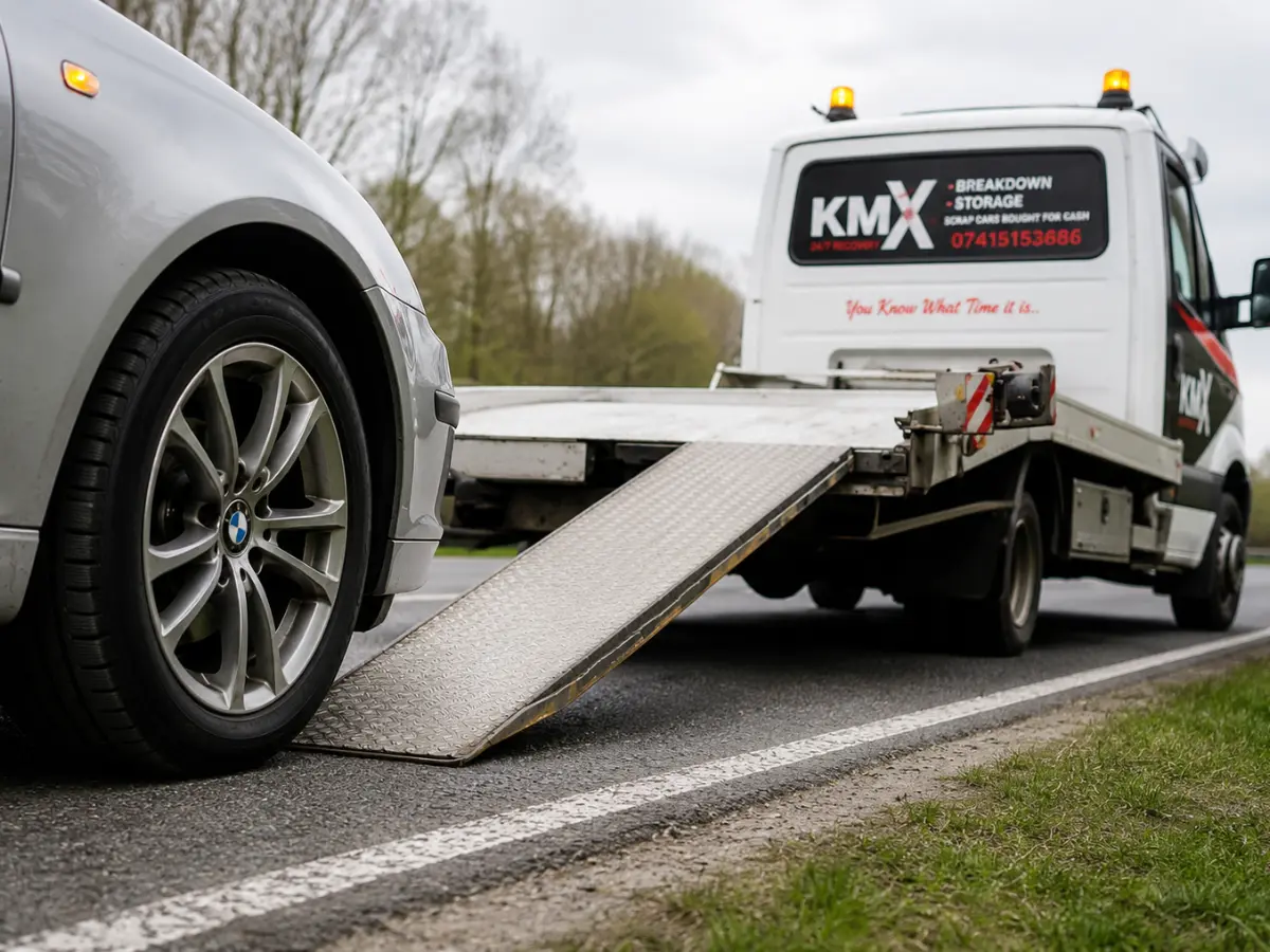 Silver BMW vehicle positioned at the base of a loading ramp while a KMX Recovery flatbed truck prepares for safe vehicle transport and collection on a roadside location.