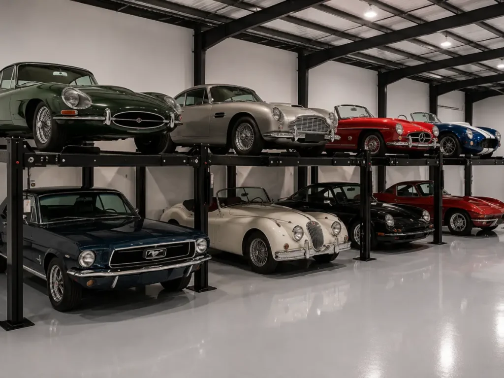 Classic cars stored inside a secure indoor vehicle storage facility using multi level lifts in a clean climate controlled warehouse environment.
