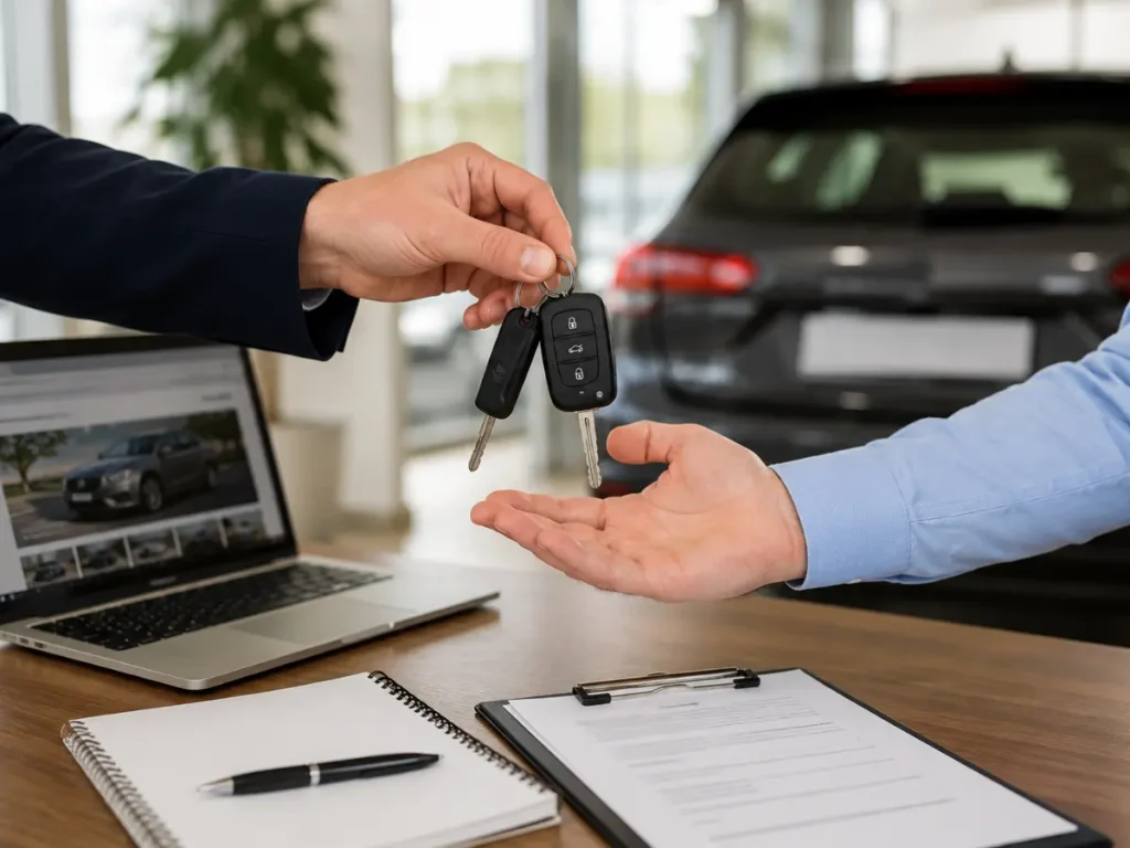 Close up of a vehicle key handover between two people during a car purchase or vehicle transport collection process with a car visible in the background.