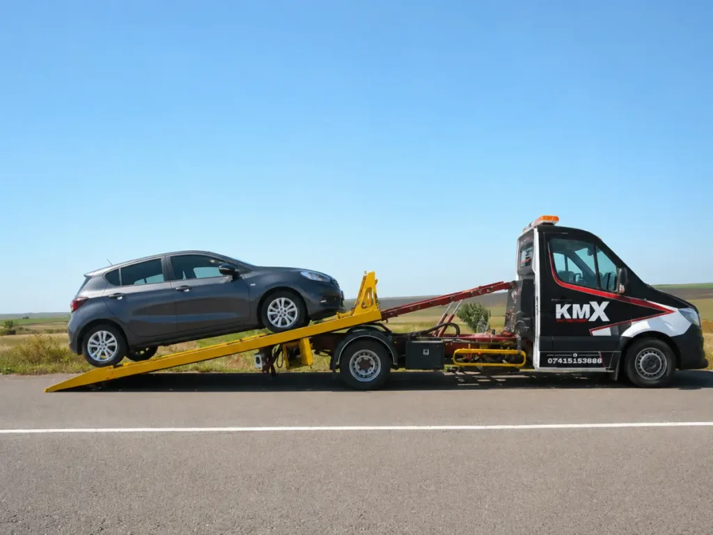 KMX Recovery transport truck loading a hatchback vehicle onto a recovery bed for safe vehicle transport and dealership stock movement in Manchester.