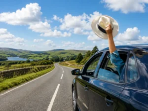 Driver enjoying a summer road trip on a scenic UK country road with rolling hills, clear skies and beautiful countryside views.
