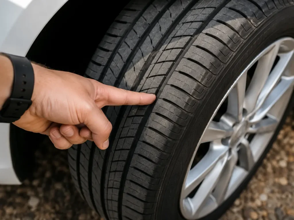 Close up of a driver checking tyre tread depth on a car wheel before a summer road trip, helping ensure safe motorway driving and vehicle safety.