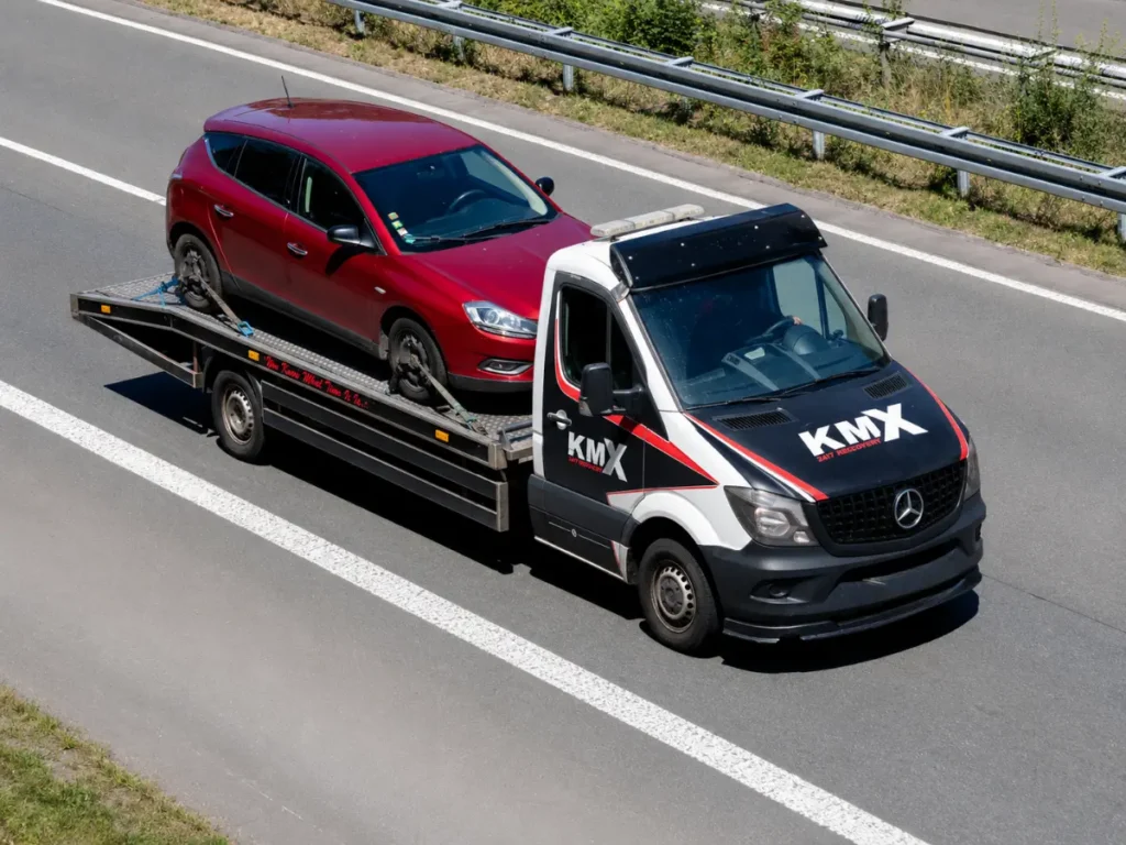 KMX Recovery truck transporting a broken down car on a motorway after a roadside breakdown on the M60 or M62.