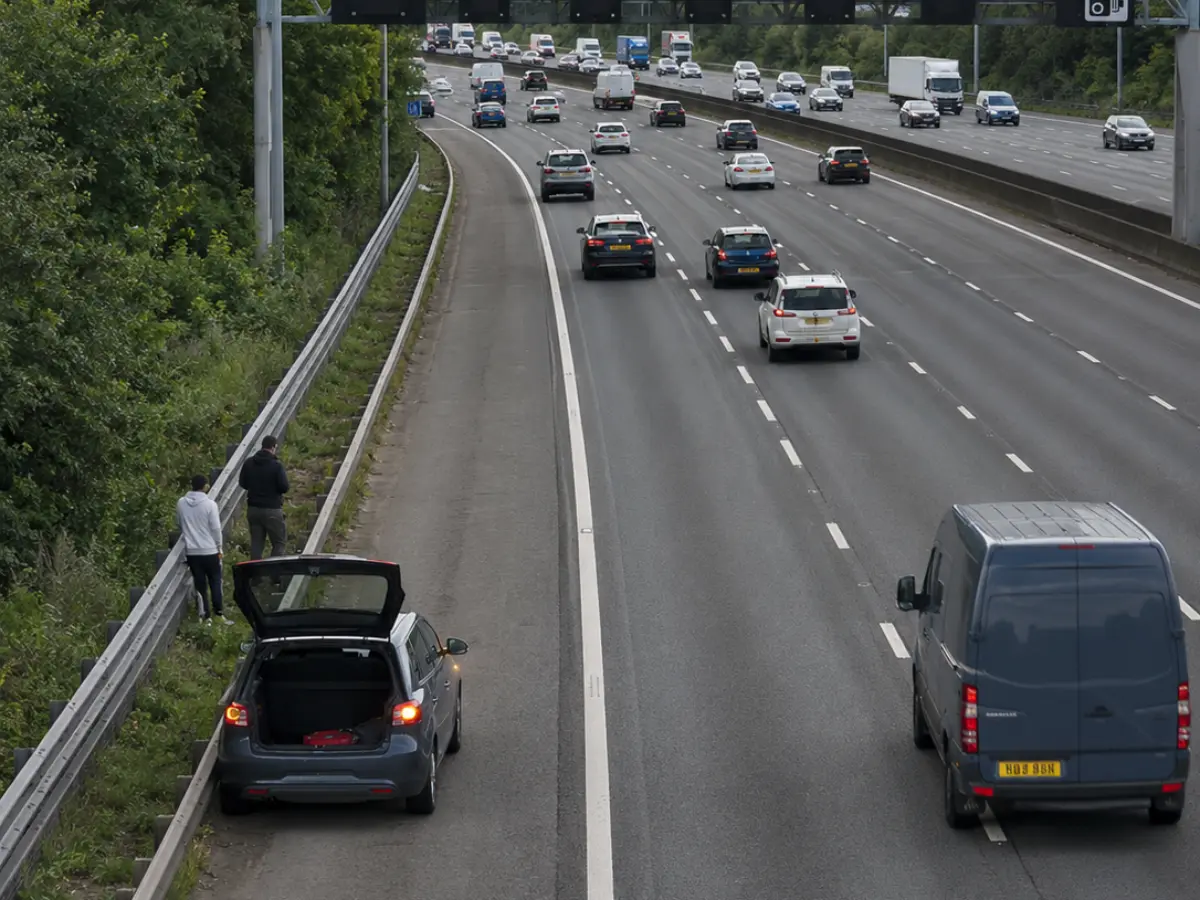 Car stopped on the M60 hard shoulder with hazard lights on while passengers wait safely behind the motorway barrier away from traffic.