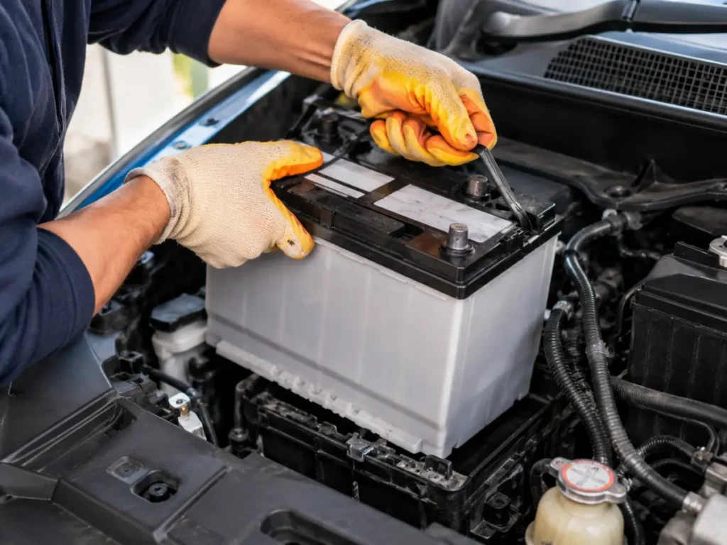 Mechanic wearing gloves installing a new car battery inside the engine bay during a battery replacement service.