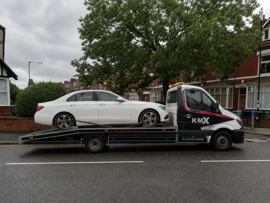 White Mercedes being transported by a KMX breakdown recovery truck on a residential road in Stockport.