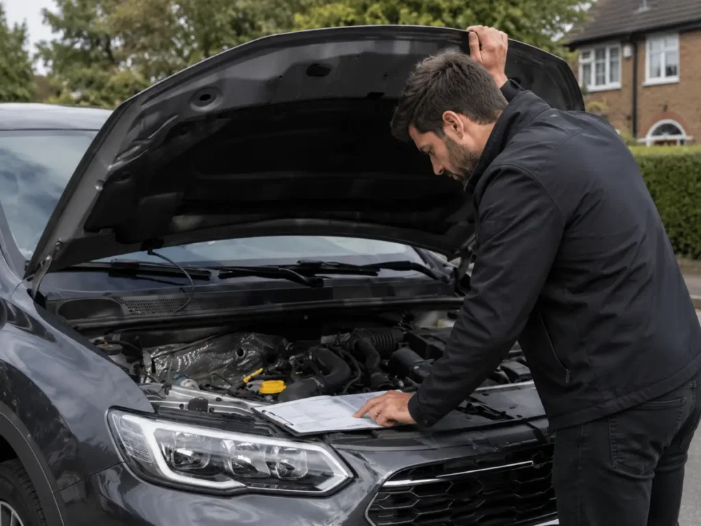 Roadside technician inspecting a broken-down car with the bonnet open before arranging repair or recovery.