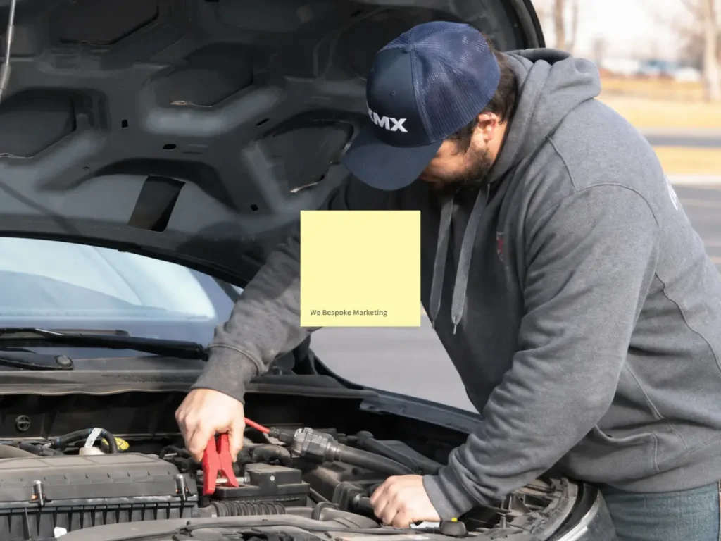 KMX technician connecting a jump lead under the bonnet of a car to help start a vehicle with a flat battery.