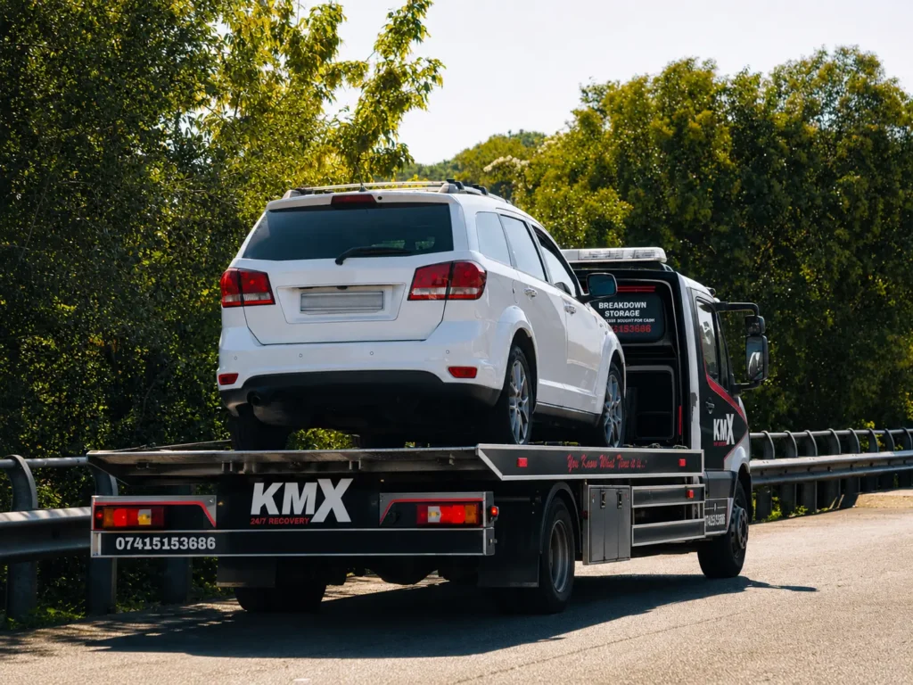 KMX recovery truck transporting a white SUV following a roadside breakdown.