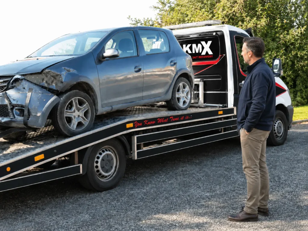 KMX recovery truck transporting a damaged car following an accident in Bury while the vehicle owner stands nearby.