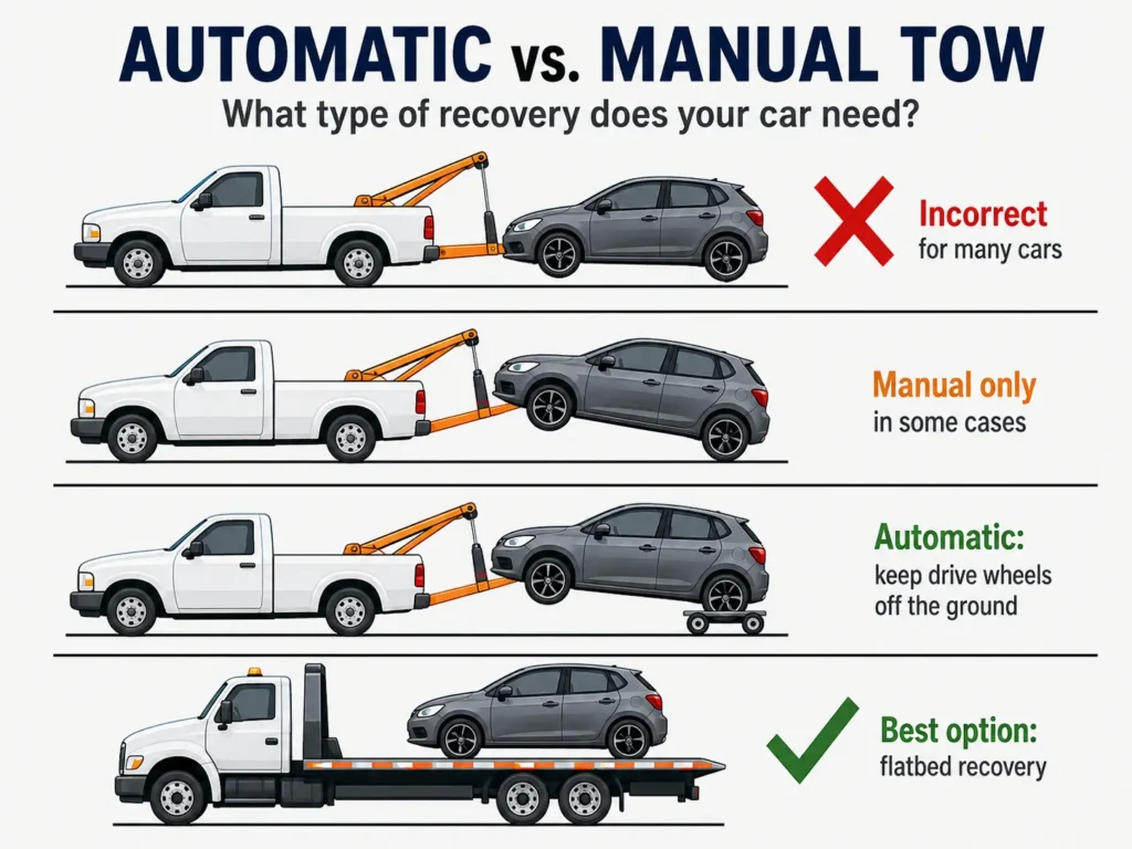 Infographic comparing flat towing, wheel-lift towing, towing with dollies and flatbed recovery for automatic and manual cars.