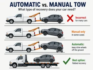 Infographic comparing flat towing, wheel-lift towing, towing with dollies and flatbed recovery for automatic and manual cars.