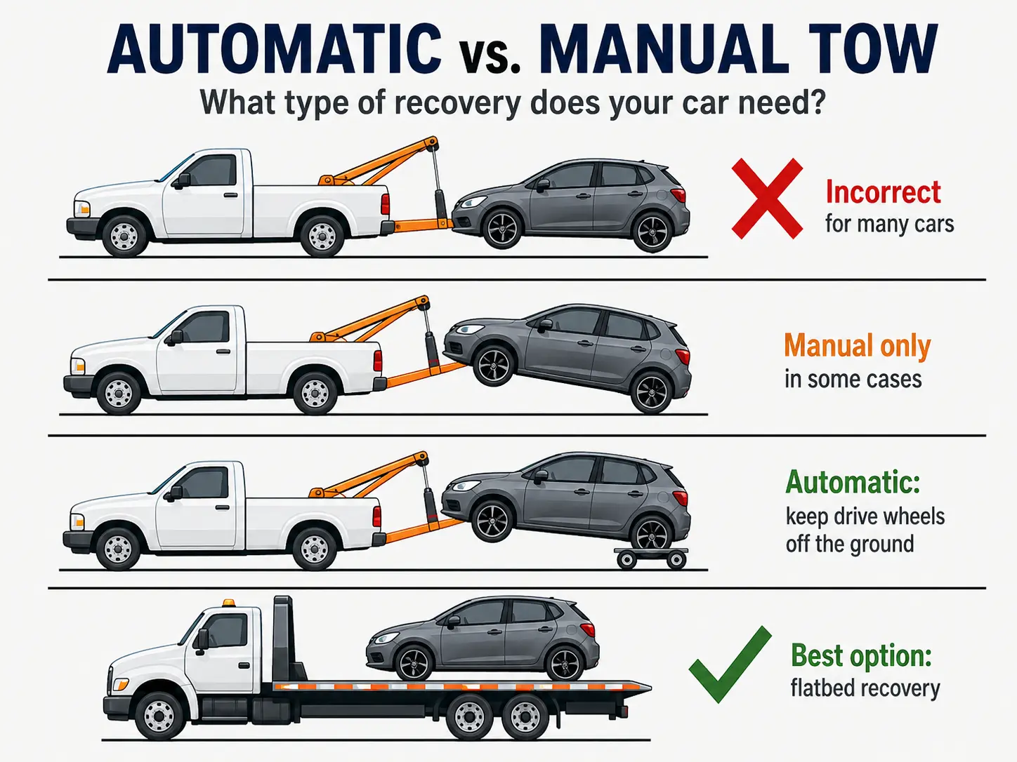 Infographic comparing flat towing, wheel-lift towing, towing with dollies and flatbed recovery for automatic and manual cars.