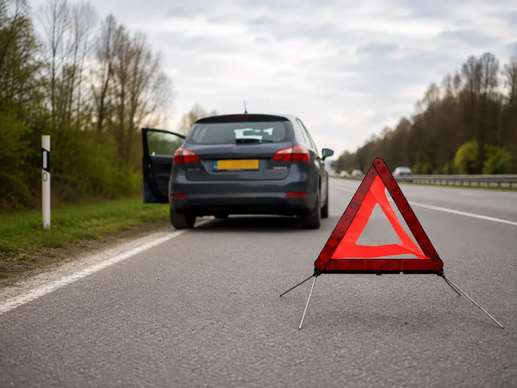 Red warning triangle positioned near a broken-down car at the side of a dual carriageway.