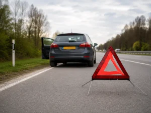 Red warning triangle positioned near a broken-down car at the side of a dual carriageway.