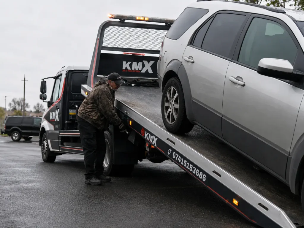 KMX recovery operator loading a locked silver car onto a flatbed truck without using the vehicle keys.